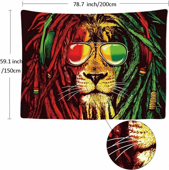 Ulticool - Reggae Rasta Jamaica Lion Glasses - Tapisserie - 200x150 cm - Groot tapisserie - Affiche