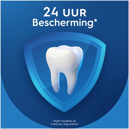 Een illustratie van een tand binnen een blauw schildsymbool, dat 24-uurs bescherming symboliseert. Tekst: 24 UUR Bescherming*.