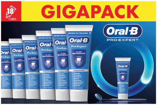 Verpakking met 18 tubes Oral-B Pro-Expert tandpasta, met "GIGAPACK" in rood en geel.
