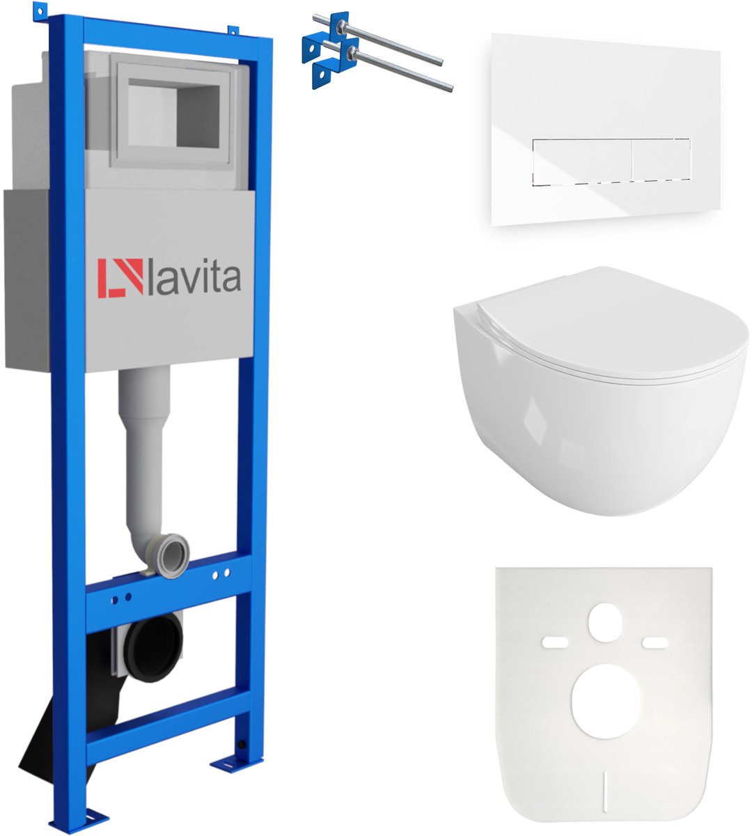 LAVITA® Inbouwreservoir Complete Toiletset LAV 101 - Inbouw WC Hangtoilet Wandcloset MONDO Wit Hoogglans - Bedieningsplaat 200.3.1 Wit - Voorwandelement voor toilet 40cm - Installatiesysteem