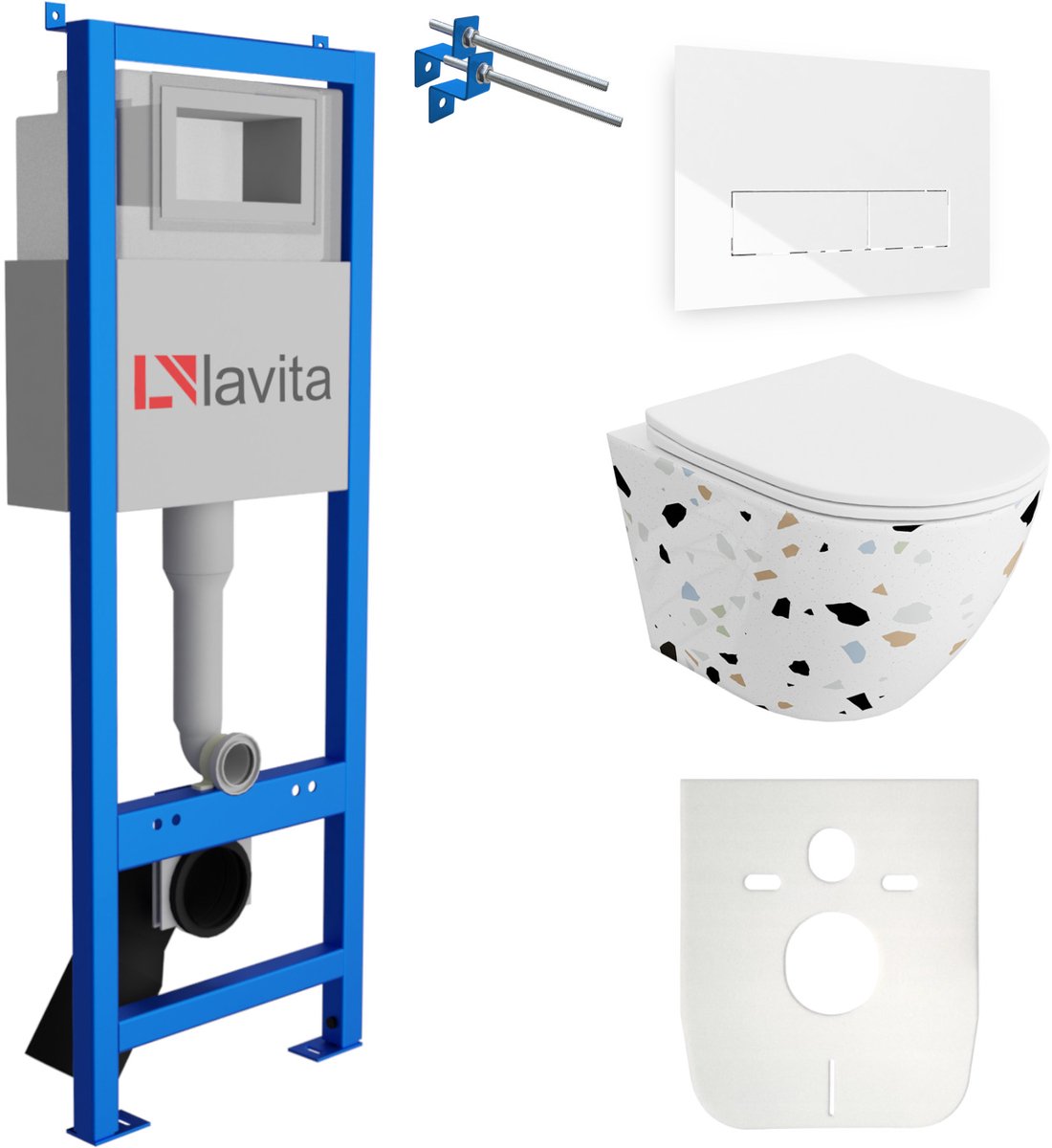 LAVITA® Inbouwreservoir Complete Toiletset LAV 101 - Inbouw WC Hangtoilet Wandcloset SOFI SLIM STONE - Bedieningsplaat 200.3.1 Wit - Voorwandelement voor toilet 40cm - Installatiesysteem