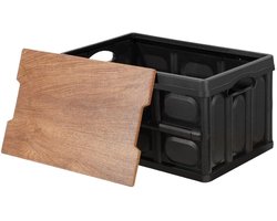 Opbergkrat met afneembaar houten Deksel - Vouwkrat - Kofferbak Organizer - Camping-55 l, Zwart