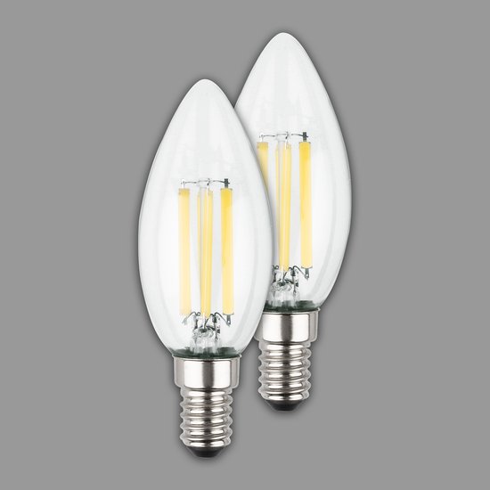 Set van 2 E14 kaarslampen met helder glas en zichtbaar filament, 2.5W.
