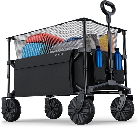 Brouette noire remplie de sacs colorés et de deux bouteilles bleues, avec un design pliable et extensible.
