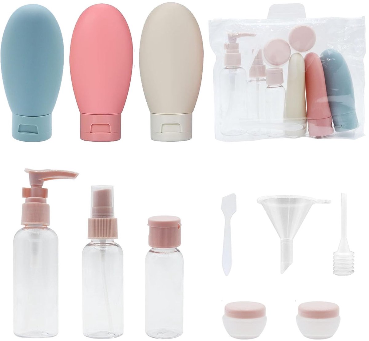 11 Stuks Reisflessenset, lichtgewicht en gemakkelijk mee te nemen reisflessen, lekvrije reisflessen, voor toiletartikelen, toner, lotion, shampoo, conditioner, crème enz