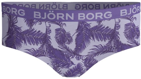 Paarse hipster met palmbladprint en Björn Borg-band.