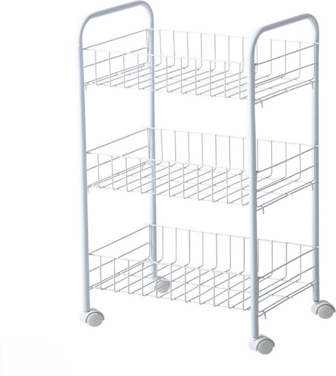 Keukentrolley - 3 Draadmanden - op Wieltjes - Metaal - Opbergtrolley - Wit- 36x27xH63 cm