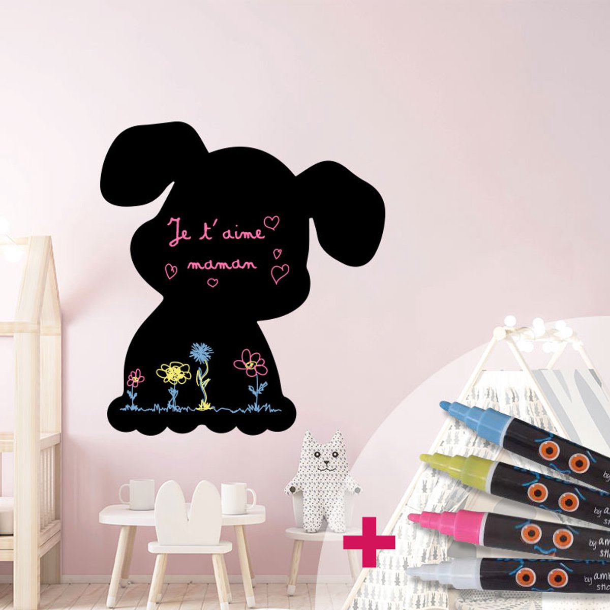 Ambiance Sticker Schoolbordsticker - uitwisbare zelfklevende muurstickers - PUPPY + 4 VLOEIBARE KRIJTJES - 30x25cm Multi color