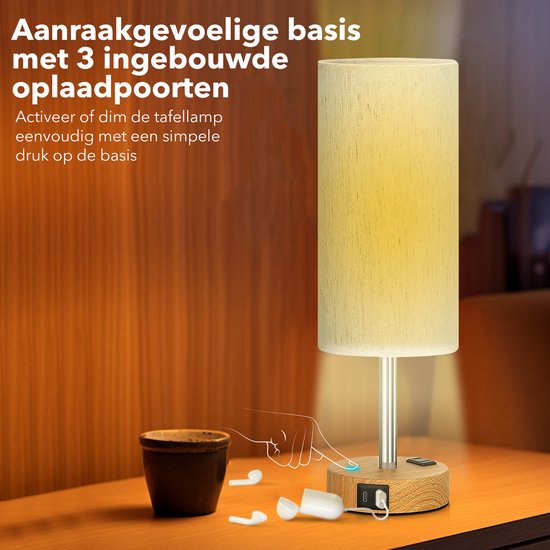 Nachtlamp / Bedlamp met Oplaadpoorten - Dimbaar - Voor Slaapkamer / Woonkamer - Met Kap - Sfeerverlichting - Tafellamp van Merkloos — afbeelding 2