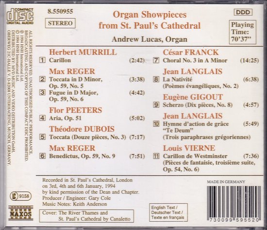 Achterkant CD-hoesje 'Organ Showpieces from St. Paul's Cathedral' met tracklist en informatie over de opname.