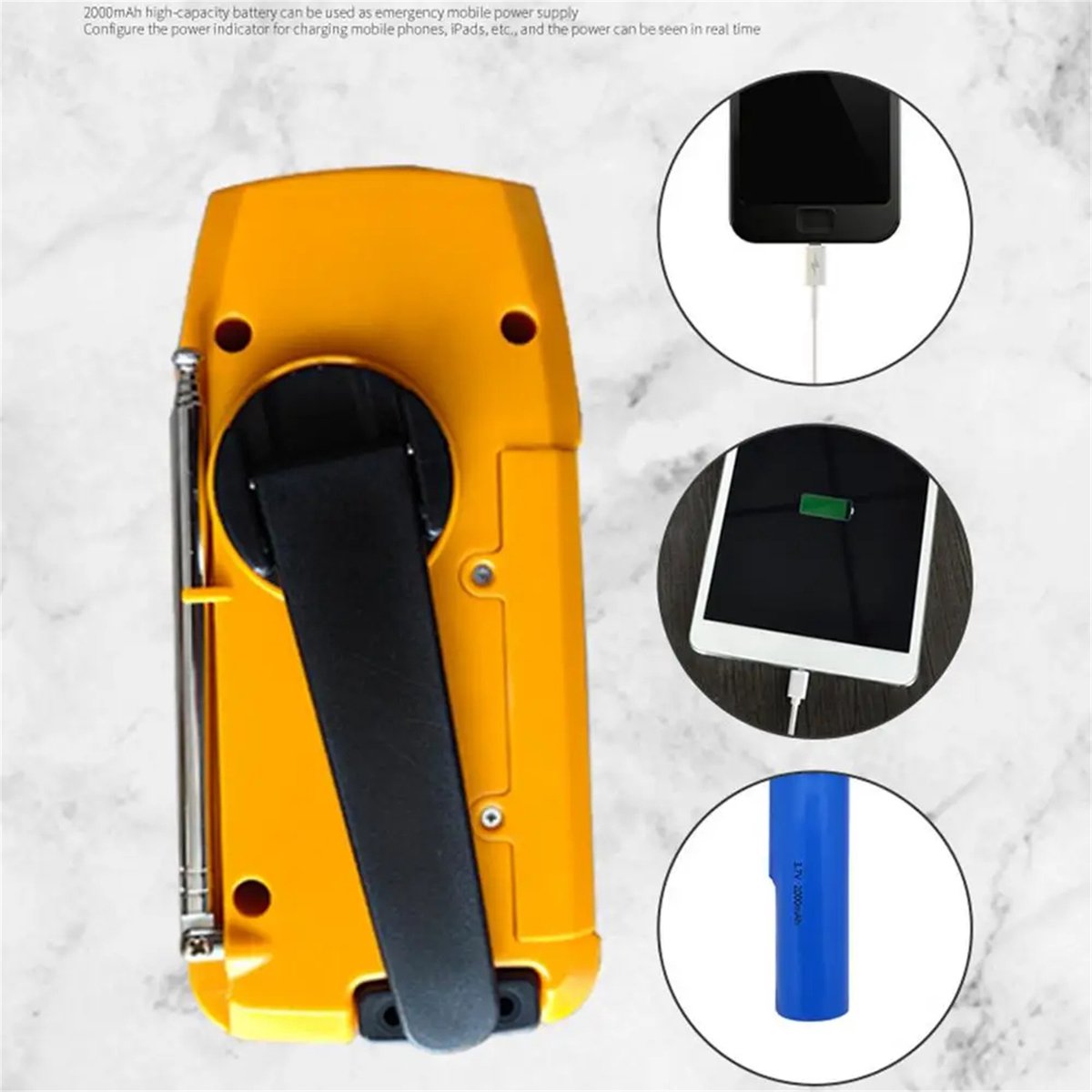 Noodradio Survival - AM/FM - Radio Op Batterijen (Accu) Voor Rampen - Noodfluit - 2000 mAh Solar Powerbank - Survivalradio - Noodradio Solar Opwindbaar - Zaklamp - Powerbank Zonneenergie - USB C - Noodpakket voor Thuis van BSTNL — cadeau in Gadgets - foto 2