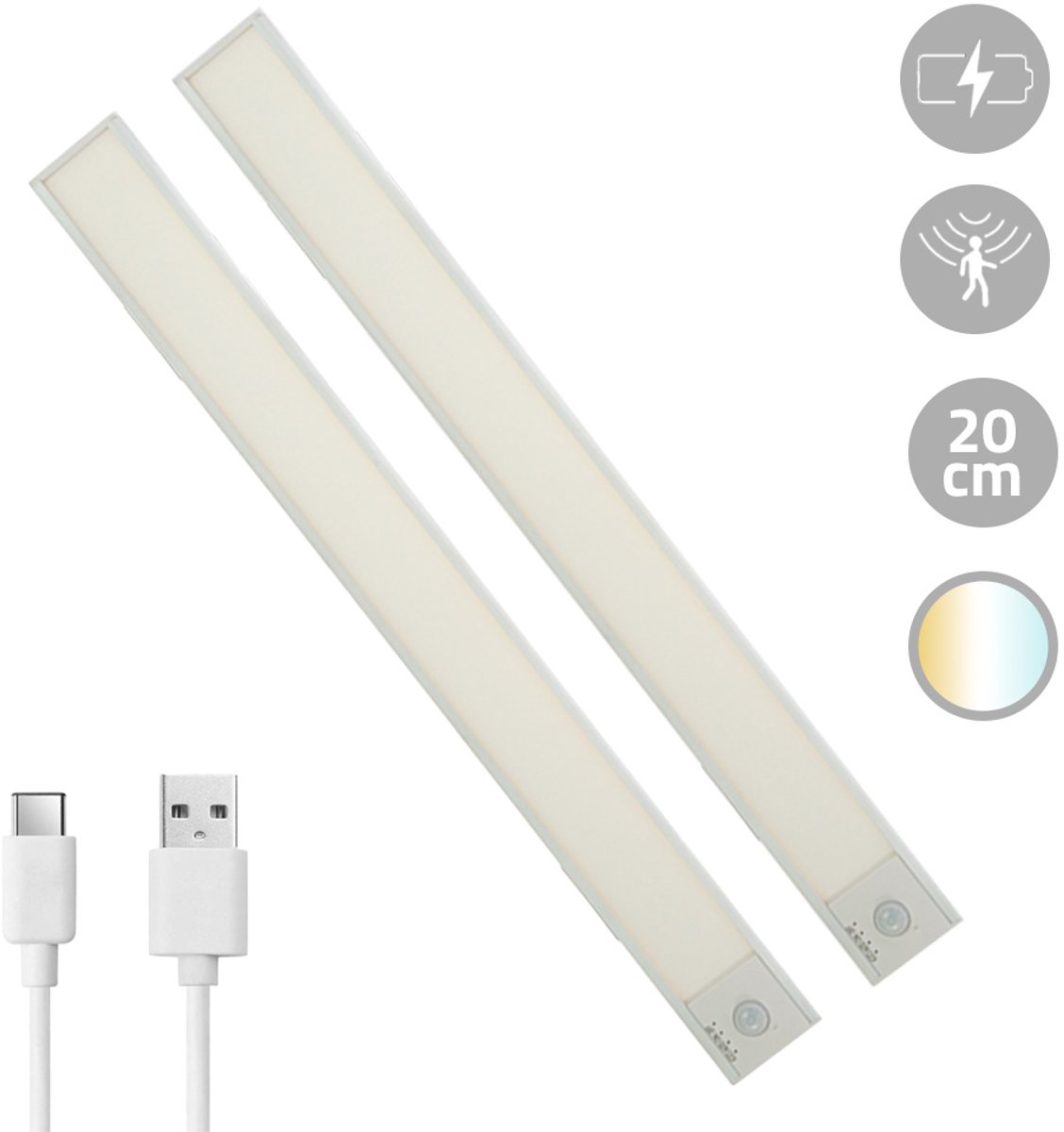 2x Kastverlichting met bewegingssensor - Dual White - 20cm - Kastverlichting oplaadbaar - Wit - Set van 2