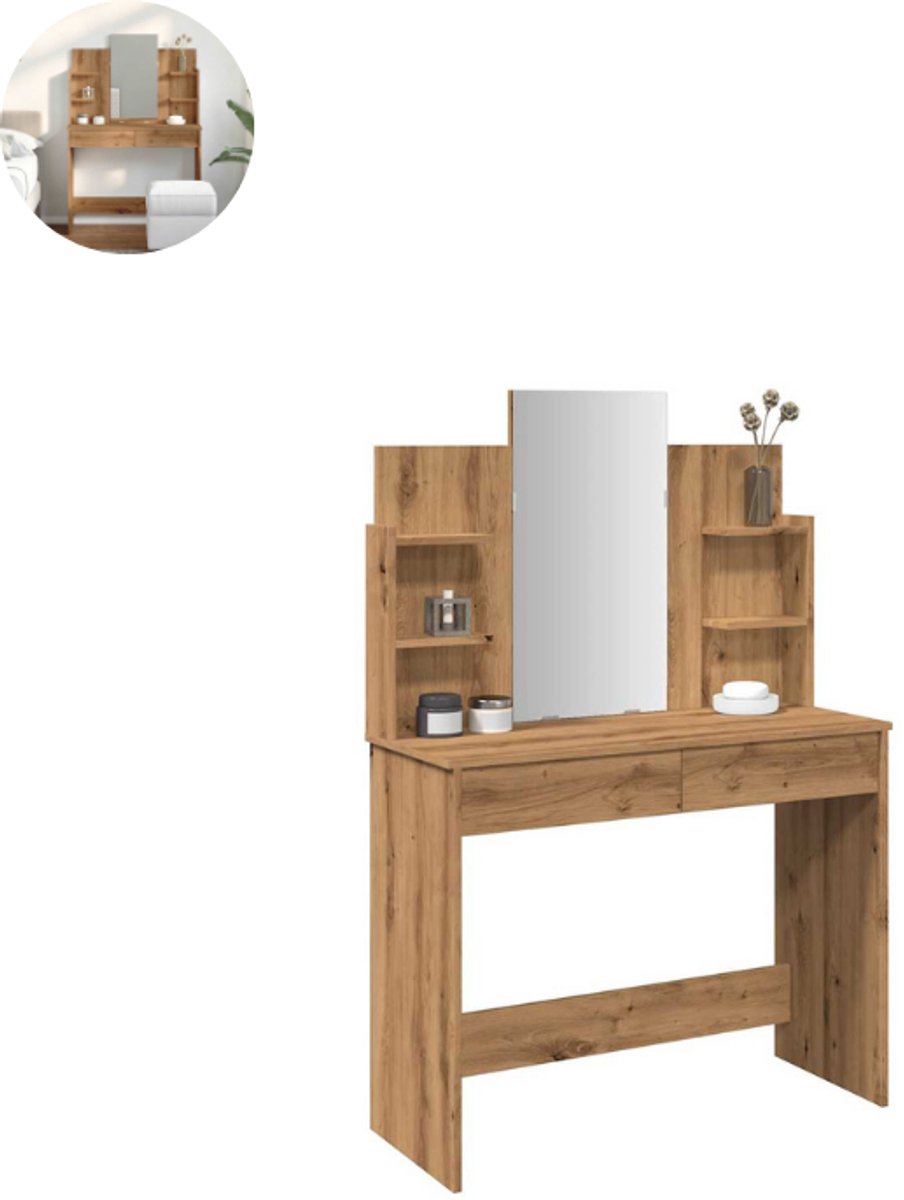 GranMaison Kaptafel met spiegel - Make up tafel - Make up - Toilettafel - Met lades - Artisan Eiken