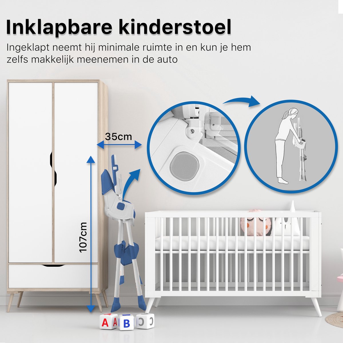 Phreeze Kinderstoel - Inklapbaar - Meegroeistoel 6 t/m 72 maanden - Afneembare Wielen - Eetstoel Baby & Peuter - Ook als Loopstoel, Wipstoel, Babystoel aan tafel / voor eten / thuis - Blauw – foto 3