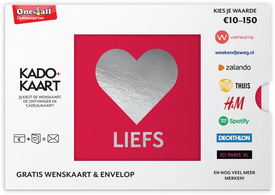 Wenskaart met zilveren hart, het woord LIEFs en logo's van winkels.