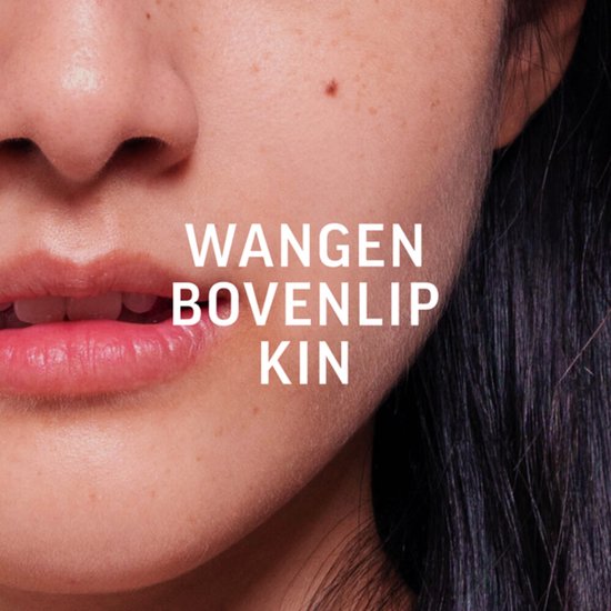 Close-up van een vrouw's gezicht met de tekst 'WANGEN BOVENLIP KIN'.
