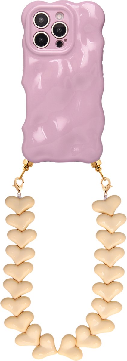 Casies Bubbly hoesje geschikt voor Apple iPhone 13 met creme harten koord - telefoonhoesje met chunky hartenkoord - Cord case - Paars