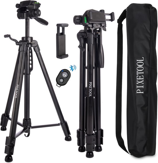 PIXETOOL Camera en Telefoon Statief 172cm – Tripod Statief – Spiegelreflexcamera Statief – Incl. Smartphone Houder – Smartphone Statief – Camera Houder – GSM Statief – Universeel - Zwart - Vaderdag Cadeau