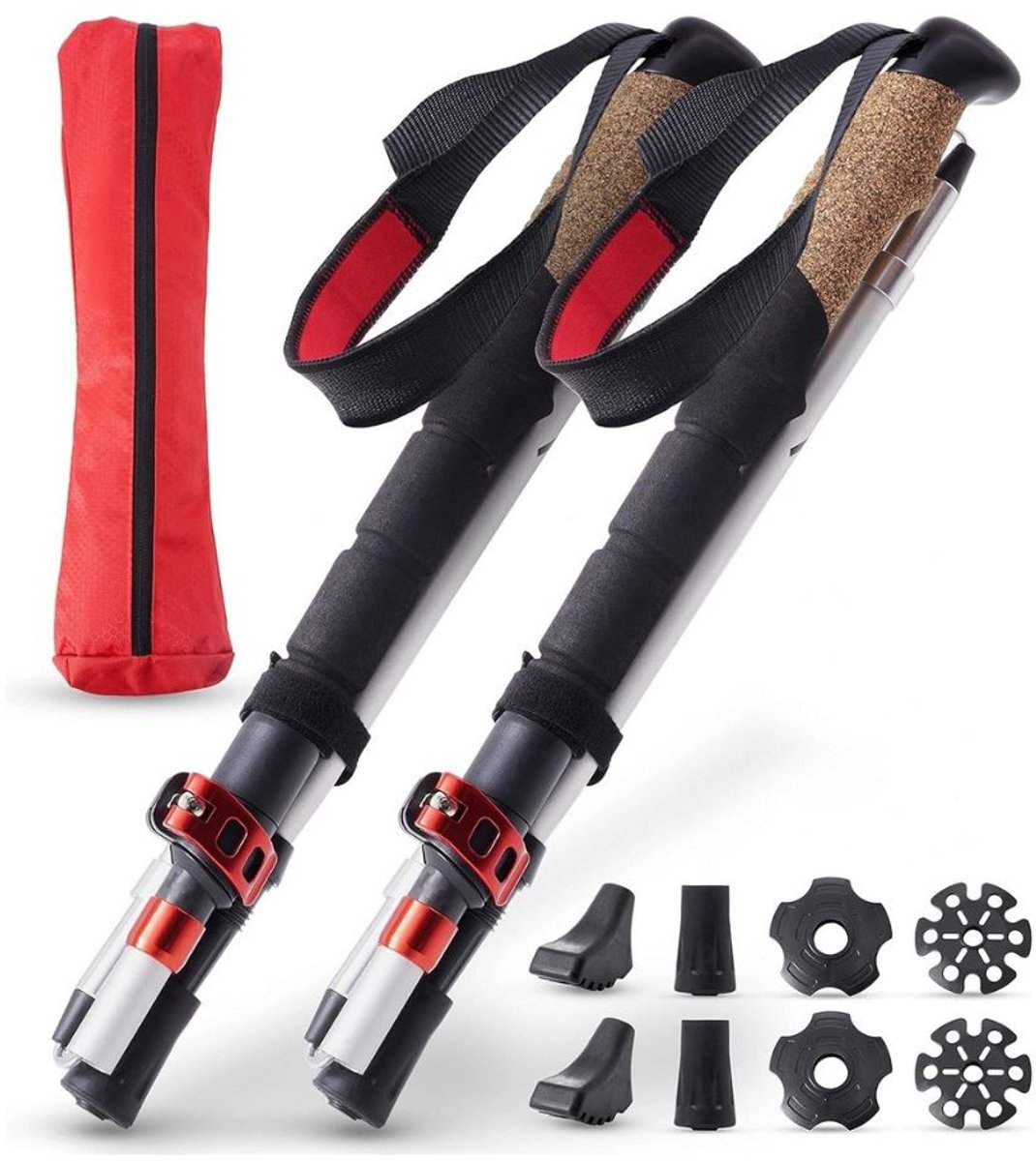 Nordic Walking Stokken - Inklapbaar Carbon Trekkingstokken - Nordic Walking Doppen - Wandelstokken - Verstelbaar & Opvouwbaar - Inschuifbaar - Telescopisch - Hiking Accessoires - Ergonomische & Lichtgewicht - 135 cm - Zwart