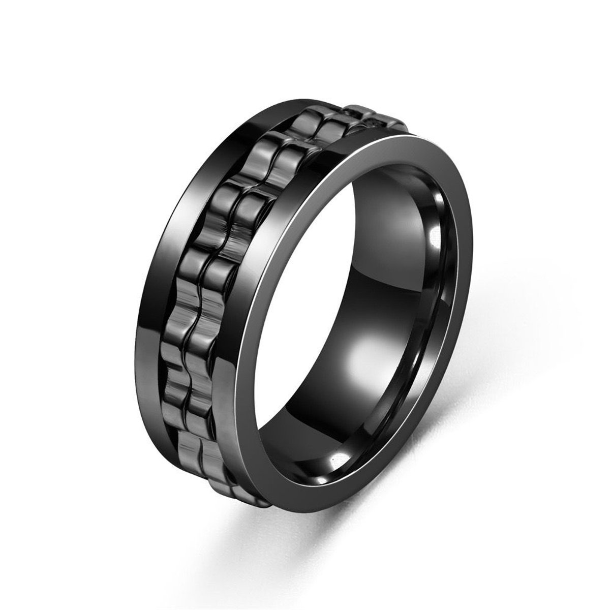 NEFET® - Anxiety Gearring - Fidget Ring - Roestvrij Staal - Maat 19 - Zwart - Schakelmotief - Heren / Dames - ideale geschenk - Cadeau voor Man - Cadeautjes Accesoires - Trendy