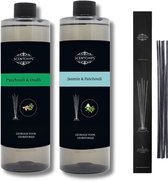 Navulling Patchouli Oudh + Jasmine Patchouli + Geurstokjes - Geurstokjes Navulling Set van 2 + 5 Geurstokjes - Geurverspreider - Luchtverfrisser - Huisparfum - 400ml x 2