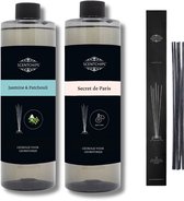 Navulling Jasmine patchouli + secret de paris + geurstokjes - Geurstokjes Navulling Set van 2 + 5 Geurstokjes - Geurverspreider - Luchtverfrisser - Huisparfum - 400ml x 2