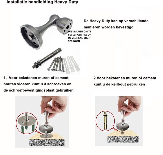 Installatiehandleiding: zilverkleurige deurstopper met magnetische houder en schroefbevestigingsmateriaal.
