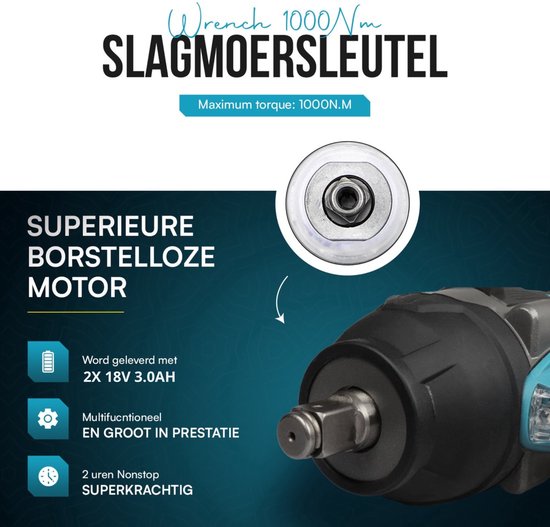 Makr slagmoersleutel 1000Nm, borstelloze motor, 2x 18V 3.0Ah accu.