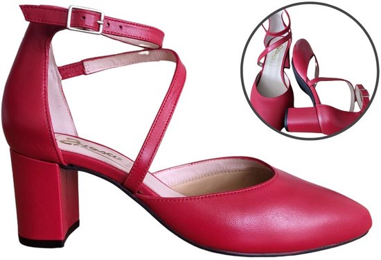 Stravers - Escarpins Elegant à bride cheville et talon carré - Rouge - Taille 44 - Escarpins femme grande taille