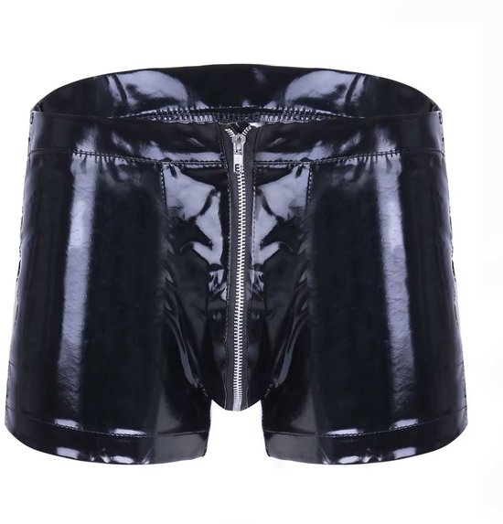 Zwarte glanzende PU leren short met rits over het gehele kruis.