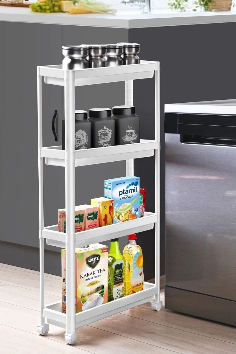 Tobeyz - Slim Opbergtrolley - Keukentrolley op Wieltjes - Keukentrolley - Badkamer trolley - Keukenrek - Opbergrek 4 laags - Badkamer Opbergrek - Wit