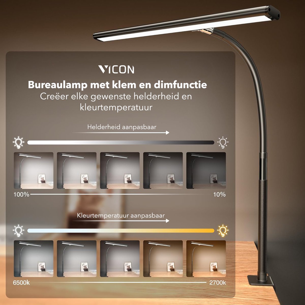 Vicon Bureaulamp LED Dimbaar - 3 Kleuren licht thumbnail 2