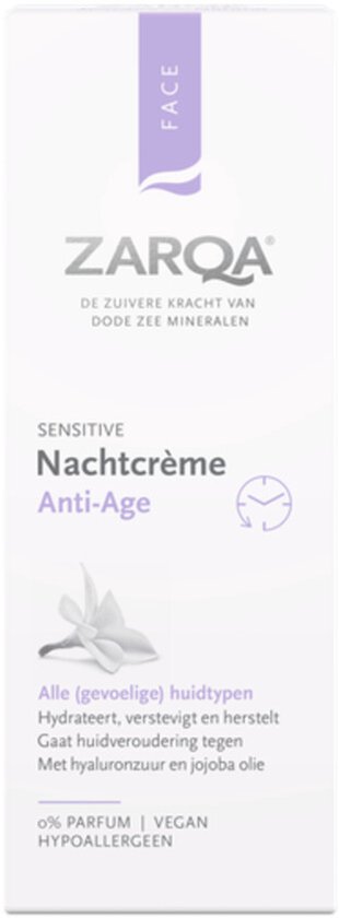 Verpakking van Zarqa Nachtcrème Anti-Age voor gevoelige huid. Hydrateert, verstevigt, anti-veroudering.