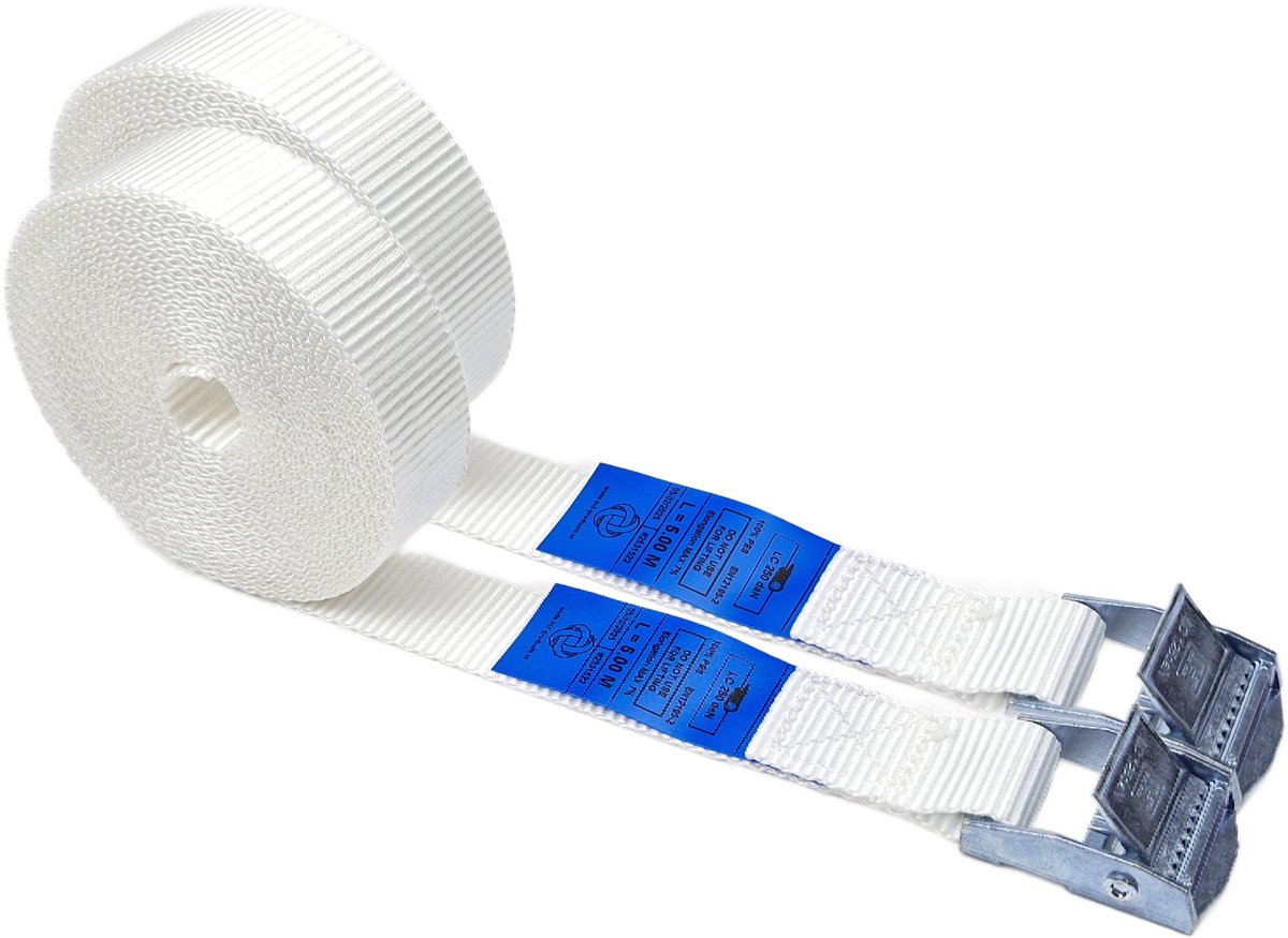 BCF-Products - Spanbanden - 5 meter - 2 stuks - Wit - Sjorbanden - Spanriemen - Bindriemen - met Gesp