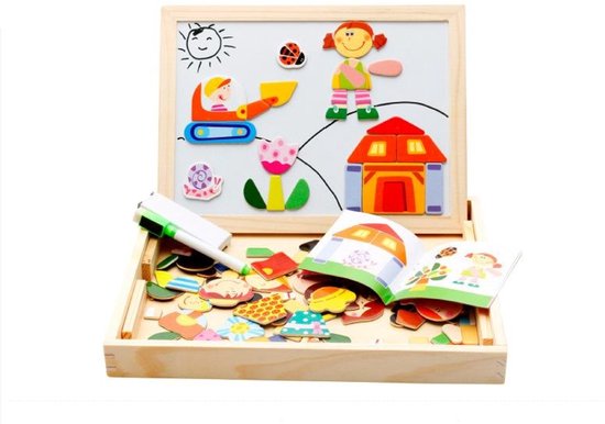 2 in 1 dubbelzijdig magnetisch speelbord – Houten Speelbox voor kinderen – Educatief speelgoed – tekenfilmfiguren