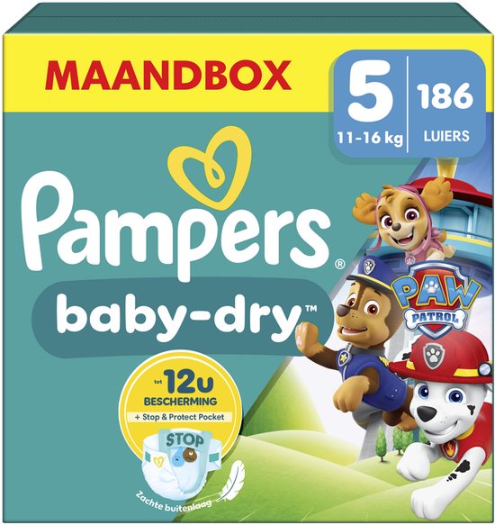 Pampers Baby-Dry - Paw Patrol-editie - Maat 5 (11kg-16kg) - 186 Luiers - Maandbox