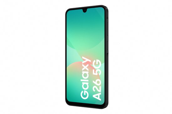 Zwarte Samsung Galaxy A26 5G telefoon met een groen abstract scherm, tekst "Galaxy A26 5G".