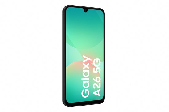 Zwarte Samsung Galaxy A26 5G telefoon, zijkant profiel, met een groen abstract scherm.