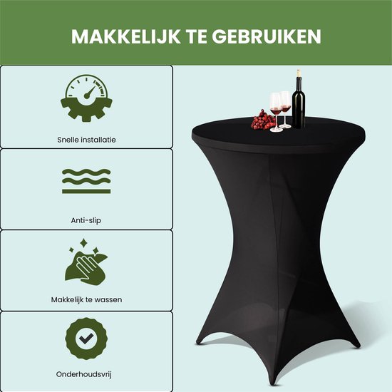 Zwarte statafelrok met illustraties van snelle installatie, anti-slip, makkelijk wassen en onderhoudsvrij.