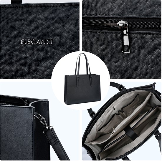 Eleganci - Sac d'école - Sac de travail - Sac de bureau - Sac pour femme avec fermeture éclair - Sac à bandoulière - Sac à main - Sac pour ordinateur portable - Convient pour A4 - Zwart