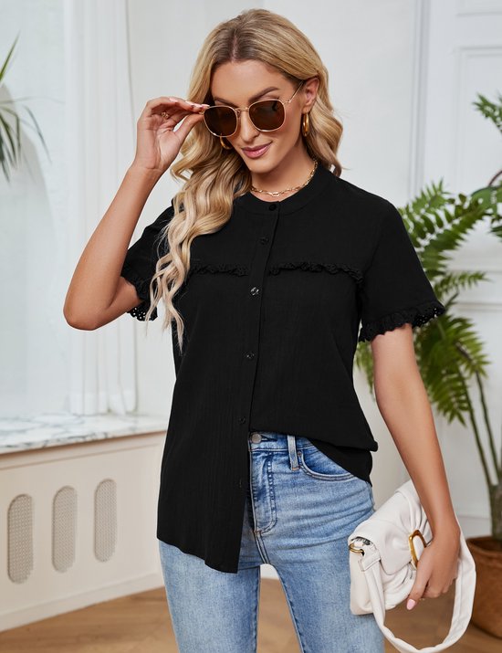 Zomershirt met korte mouwen voor dames Casual zomertopjes Losvallende tops Zwart M