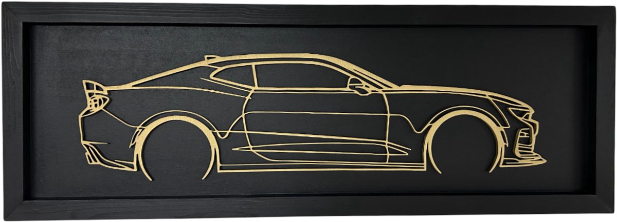 Chevrolet Camaro SS wanddecoratie - Houten wandbord - Chevrolet Camaro - 80x28cm - Wanddecoratie auto hout - Camaro SS met omlijsting - Schilderij Chevrolet Camaro line art - Mancave - Muurdecoratie - Sportwagen - Supercar - Sportauto