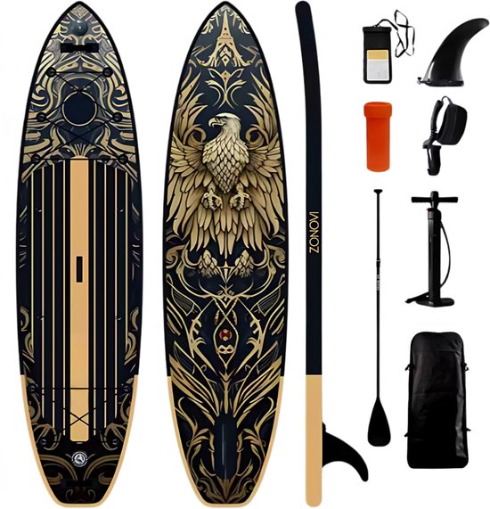 Zonovi Supboard Aqua Eagle - Draagkracht 160KG - Opblaasbaar Paddle Board - Complete Set - Met 4 Ringen Voor Zitje - Stand Up Paddle Boards - Surfboard - Surfplank - Met Camerahouder - 320X81cm - Geel/Zwart