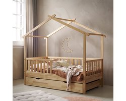 Petite Amélie Bedhuisje Maison – 80x160 cm – Houten Kinderbed Naturel – Incl. Lattenbodem en anti-val barrière – Flexibel, verwijderbaar zijhekje