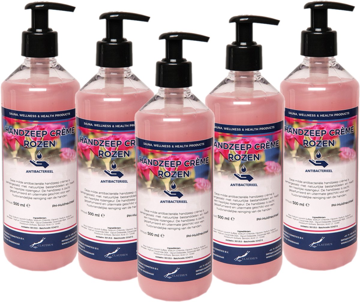 Handzeep Creme Rozen 500 ml - met gratis pompje - set van 5 stuks - Voordeelverpakking