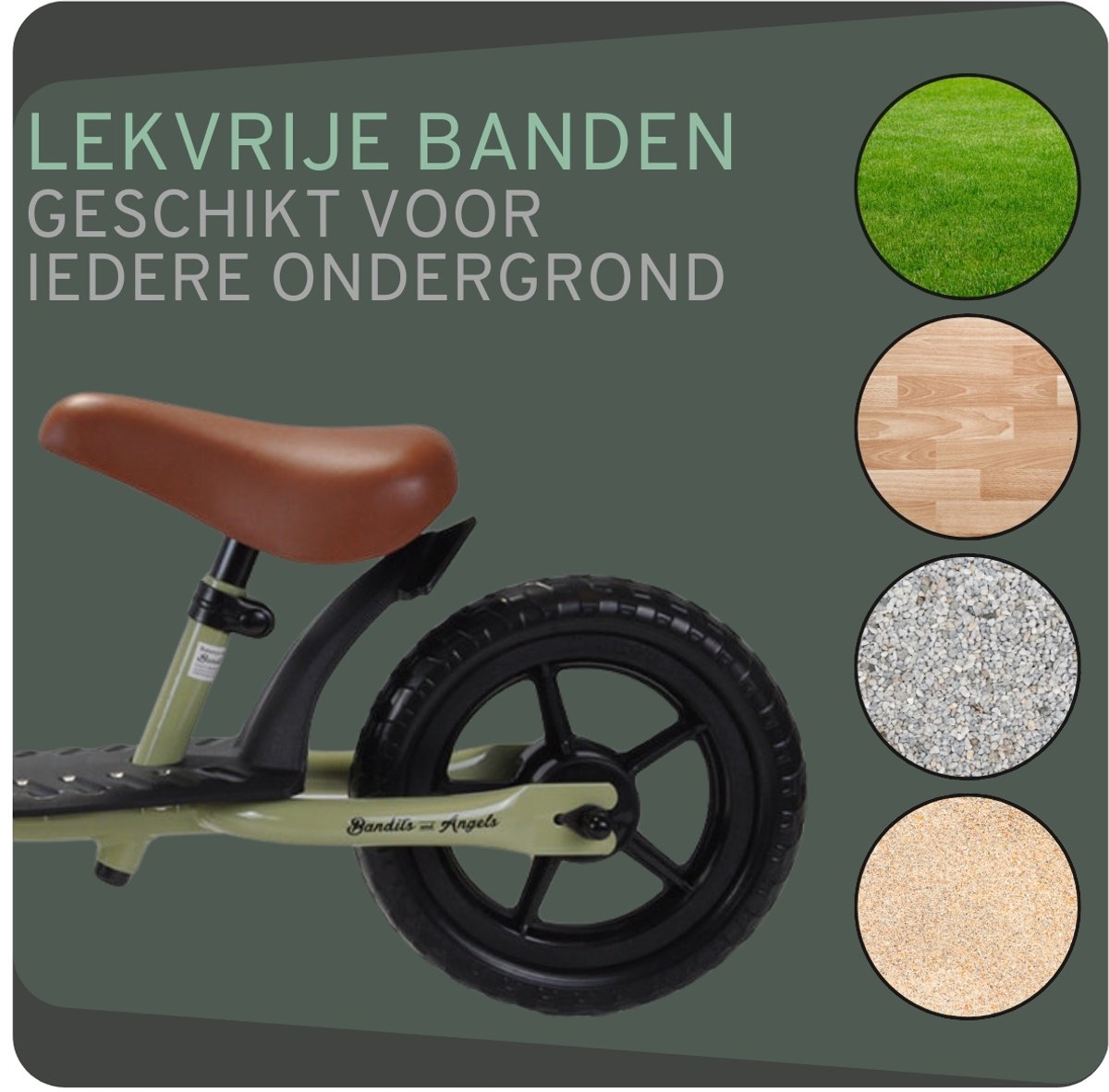 Bandits & Angels Metalen Loopfiets Met Mandje Starter Groen met Voetenplank vanaf 2 Jaar - Limited Edition - Vintage Groene Loop Fiets - Verstelbaar Zadel 29 tot 39 cm - Voor Jongens en Meisjes - Compact en Veilig - Lage Instap met Voetenplank — afbeelding 8