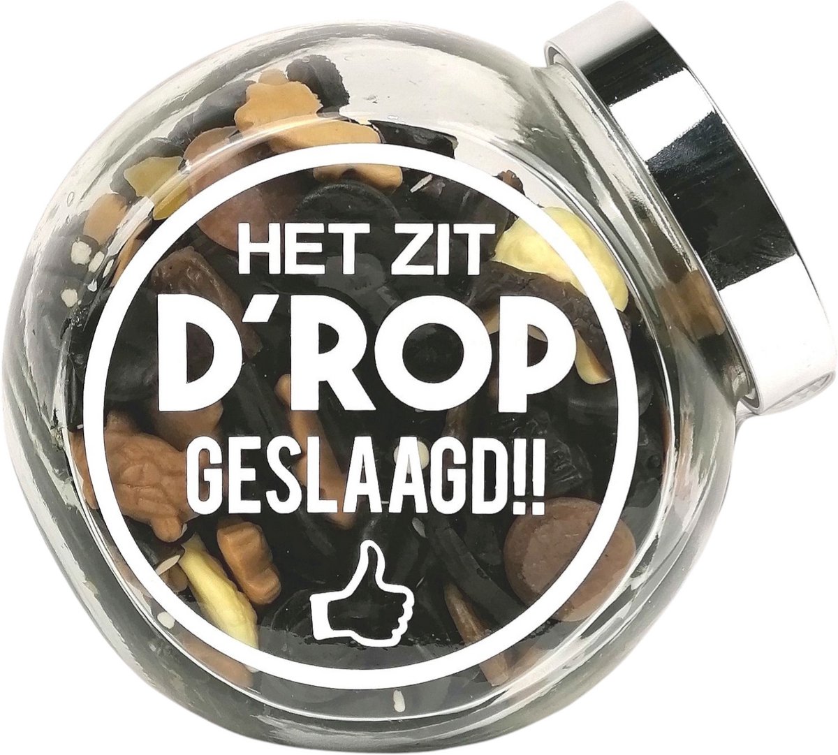 Snoeppot "Het zit d'rop - Geslaagd" gevuld met drop - drop cadeau - geslaagd cadeau - diploma cadeau