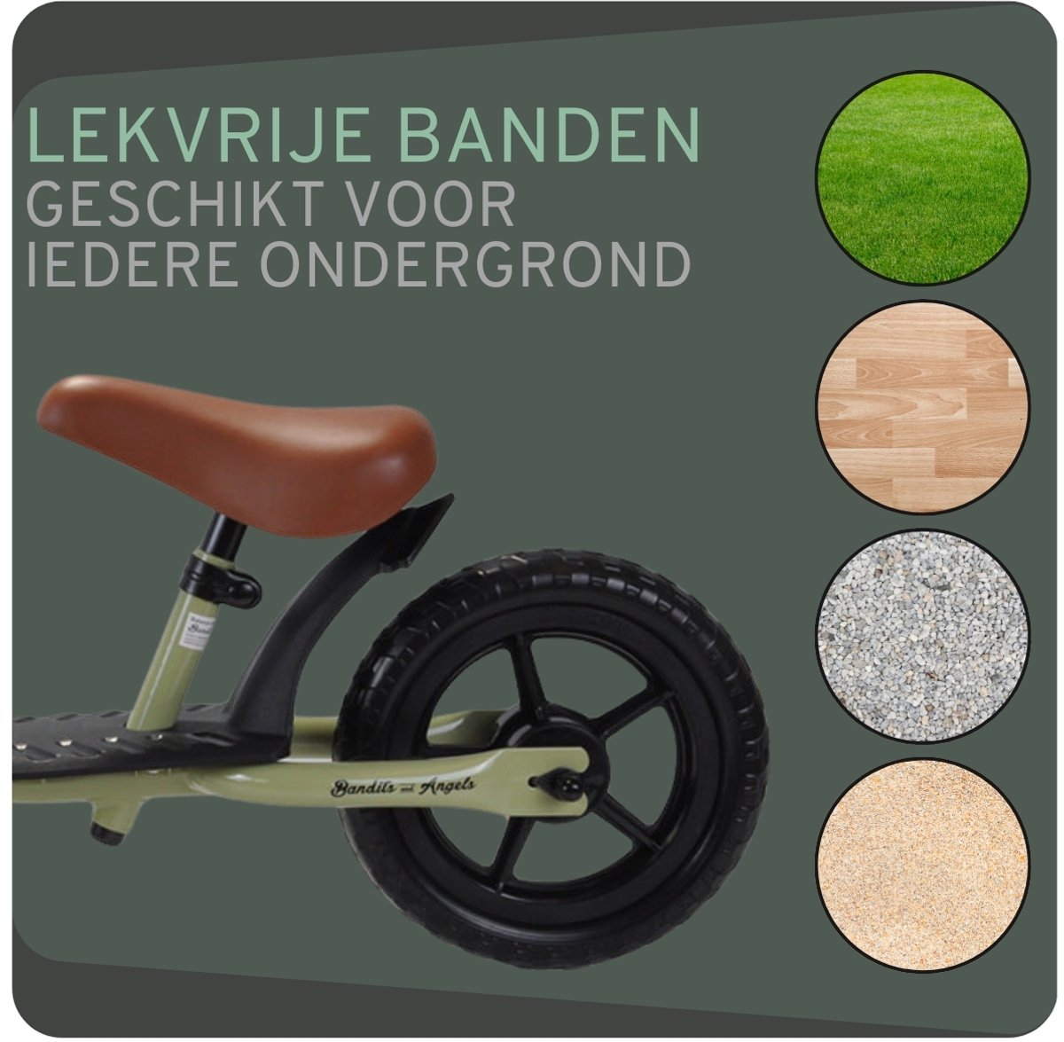 Bandits & Angels Metalen Loopfiets Starter Groen met Voetenplank vanaf 2 Jaar - Limited Edition - Vintage Groene Loop Fiets - Verstelbaar Zadel 29 tot 39 cm - Voor Jongens en Meisjes - Compact en Veilig - Lage Instap met Voetenplank — afbeelding 5