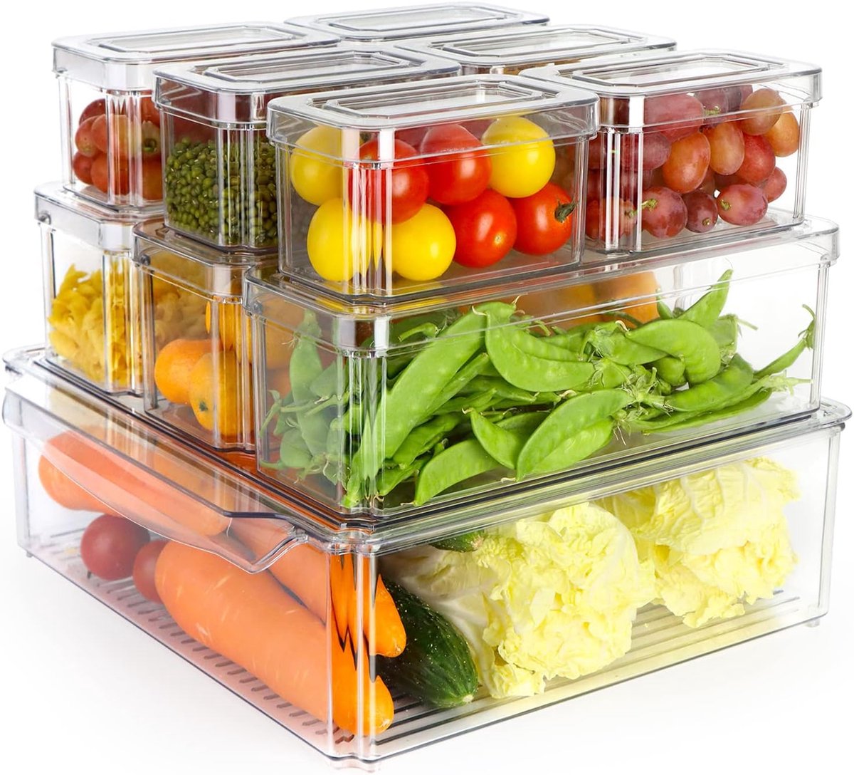 Candala Koelkastorganizer, set van 10, koelkastorganizer met deksel, stapelbare opbergdoos, koelkastdozen voor keuken, koelkast, kasten, planken, badkamer, BPA-vrij