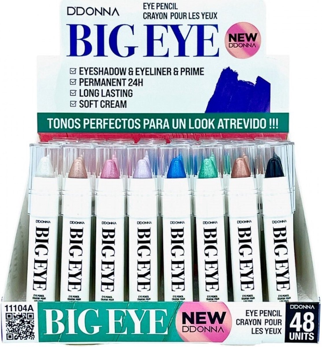 D'Donna - Set met 8 kleuren - Oogschaduw en Oogpotlood - Big Eye - Eye Pencil - Eye Shadow - 24H - 7 Metallic - Shimmer - Parelmoer tinten - 1 Matte tint - Wit - Goud - Roze - Lila - Blauw - Groen - Bruin - Zwart